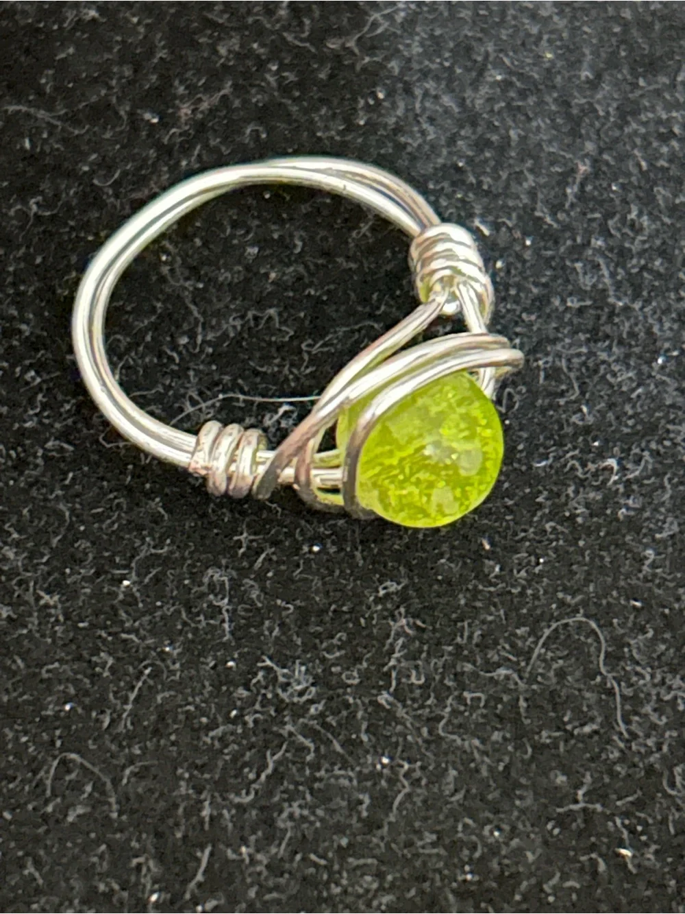 Silver Wire-Wrapped Ring with Lime Green Glass stone